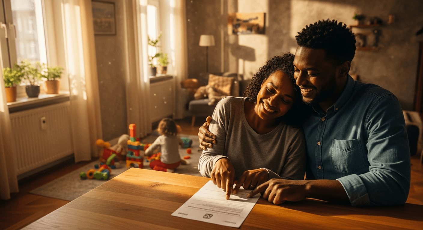 Family reviewing official documents at home after receiving permanent residence permit