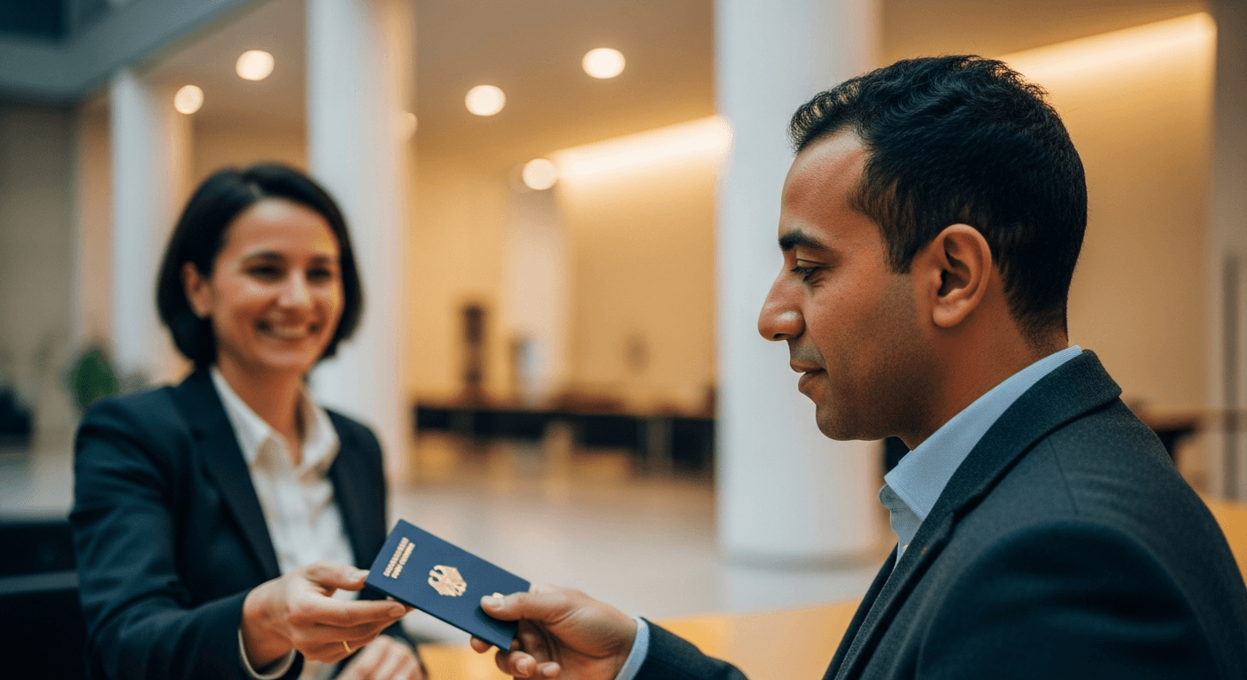 Person of North African origin receiving German passport at city hall