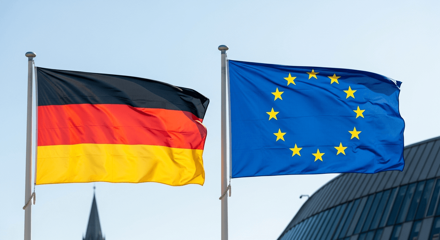 Deutsche und EU-Flagge nebeneinander als Symbol für Einbürgerung und Staatsbürgerschaft
