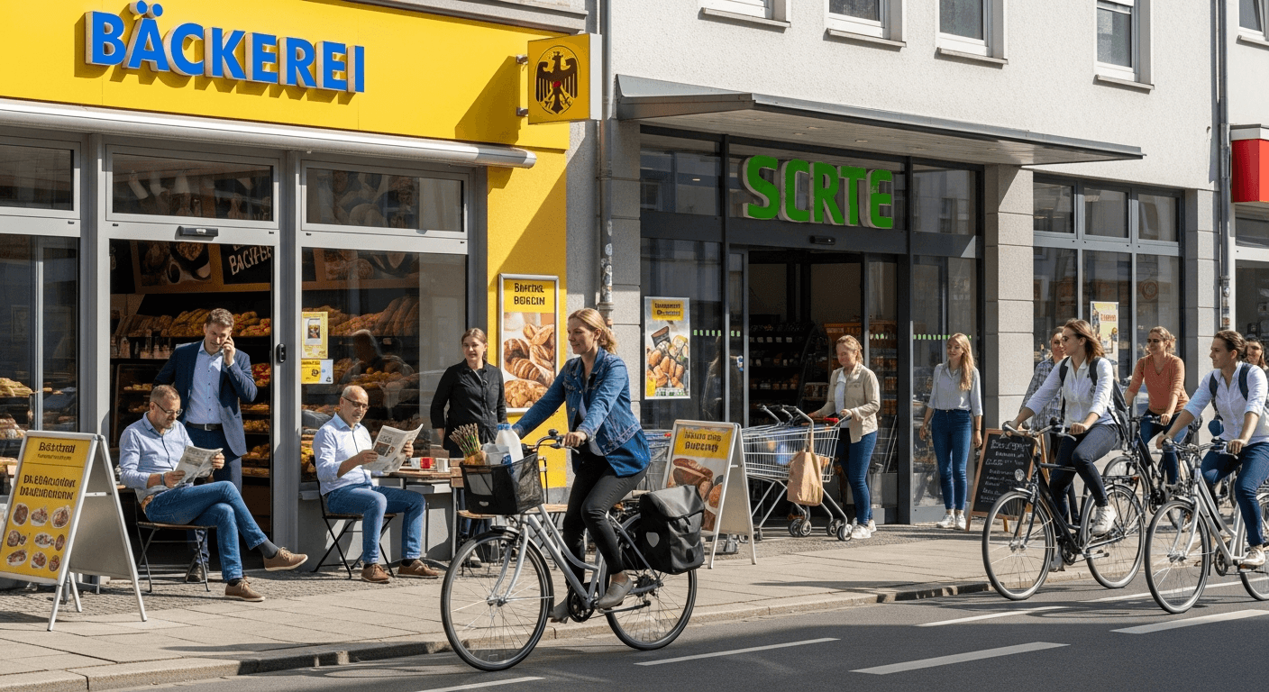 Deutsches Alltagsleben: Bäckerei, Fahrradfahrer, Supermarkt in einer deutschen Stadt