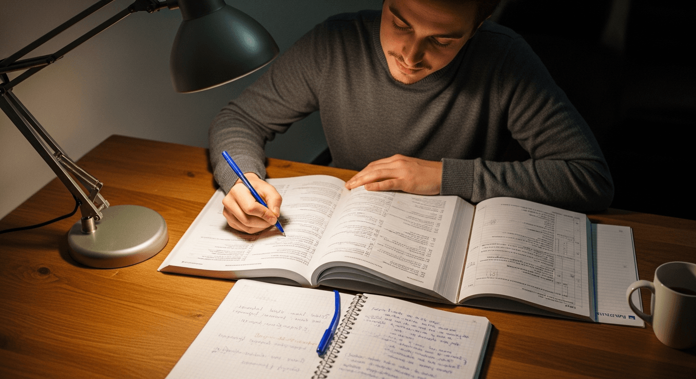 Person lernt Deutsch mit Büchern und Notizblock bei warmem Schreibtischlicht