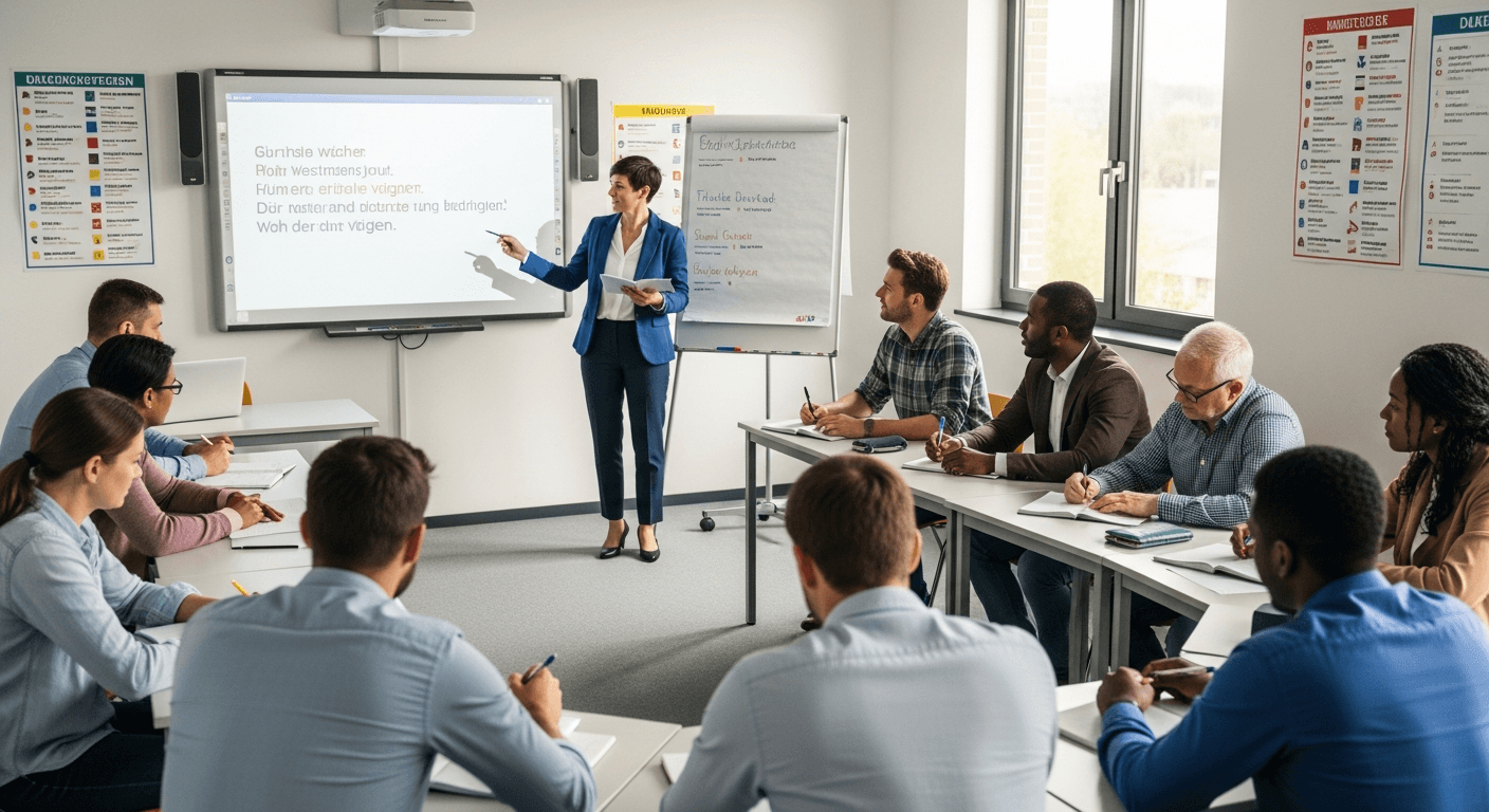 Deutschkurs mit vielfältigen Teilnehmern, fokussiertes Lernen im Klassenzimmer