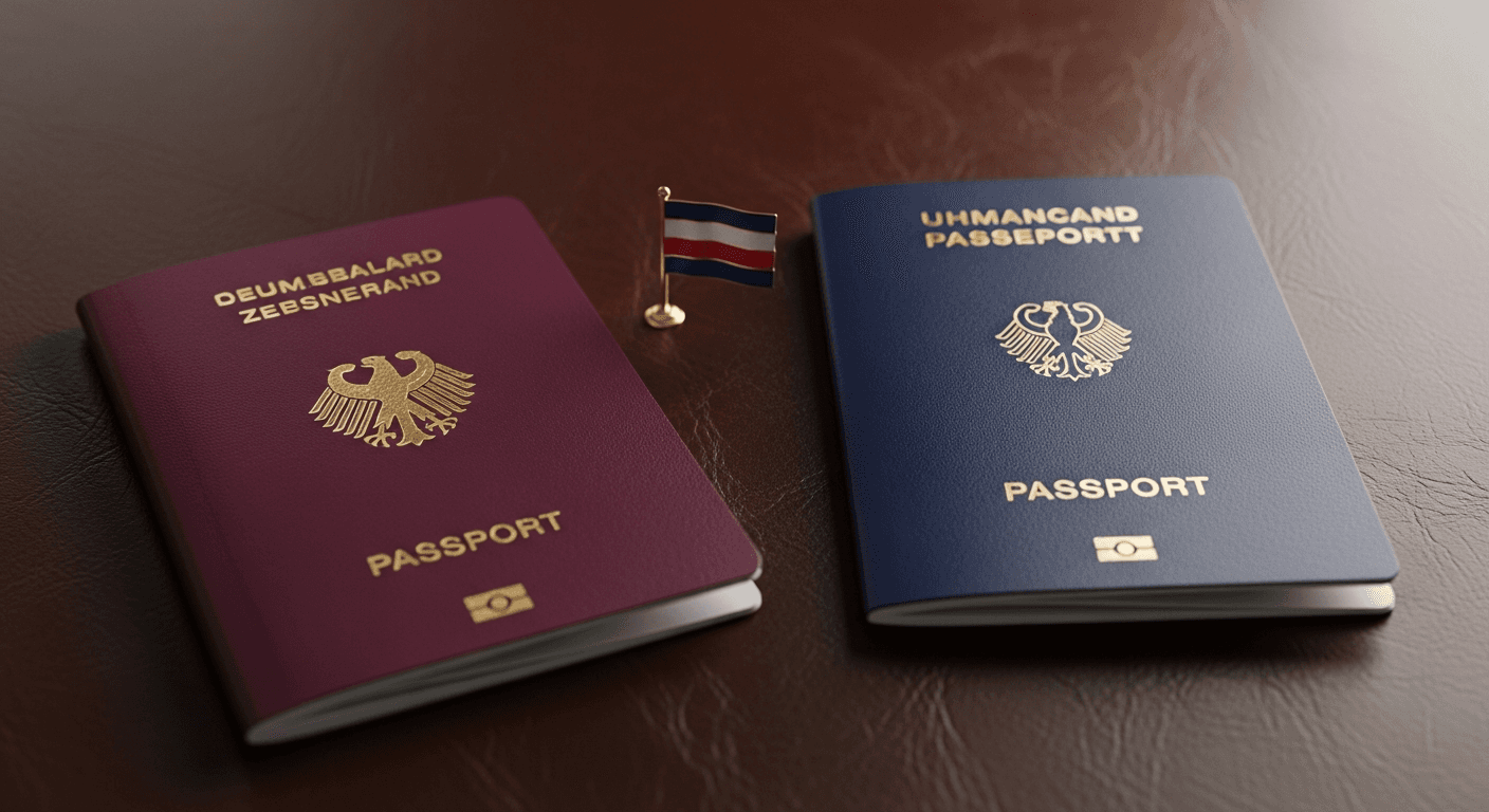 Two passports side by side with a German flag pin between them