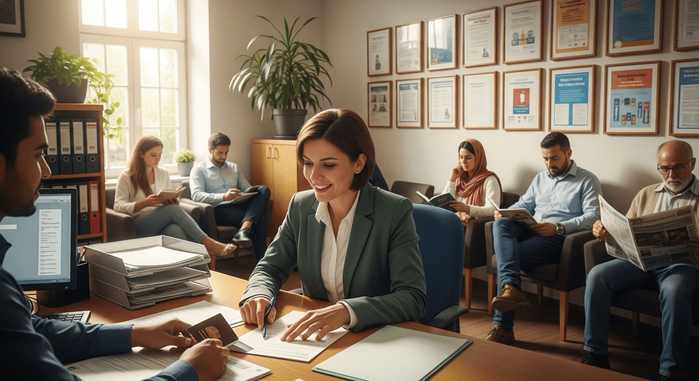 Person beim Termin an der Ausländerbehörde in Deutschland mit Dokumenten und Reisepass