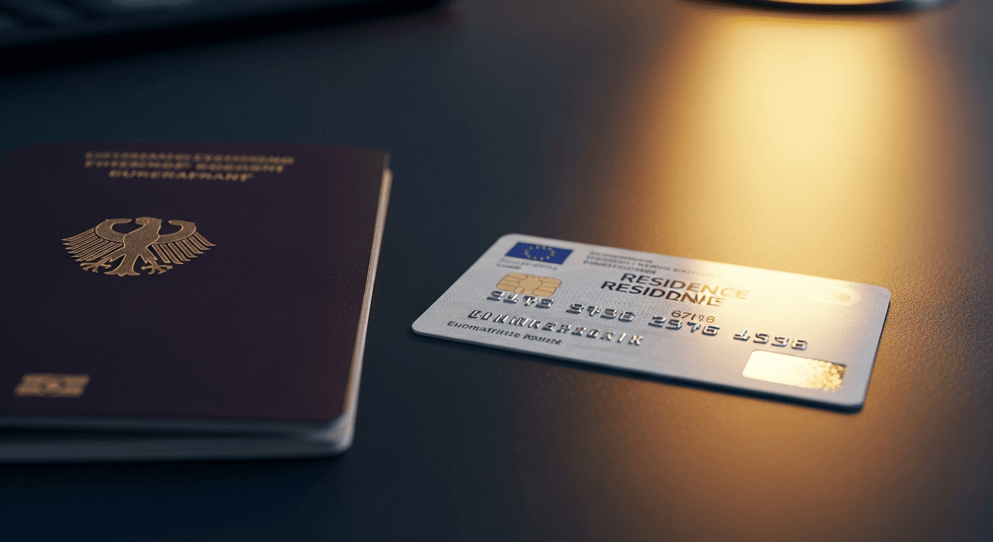 EU Blue Card next to a German passport on a navy desk
