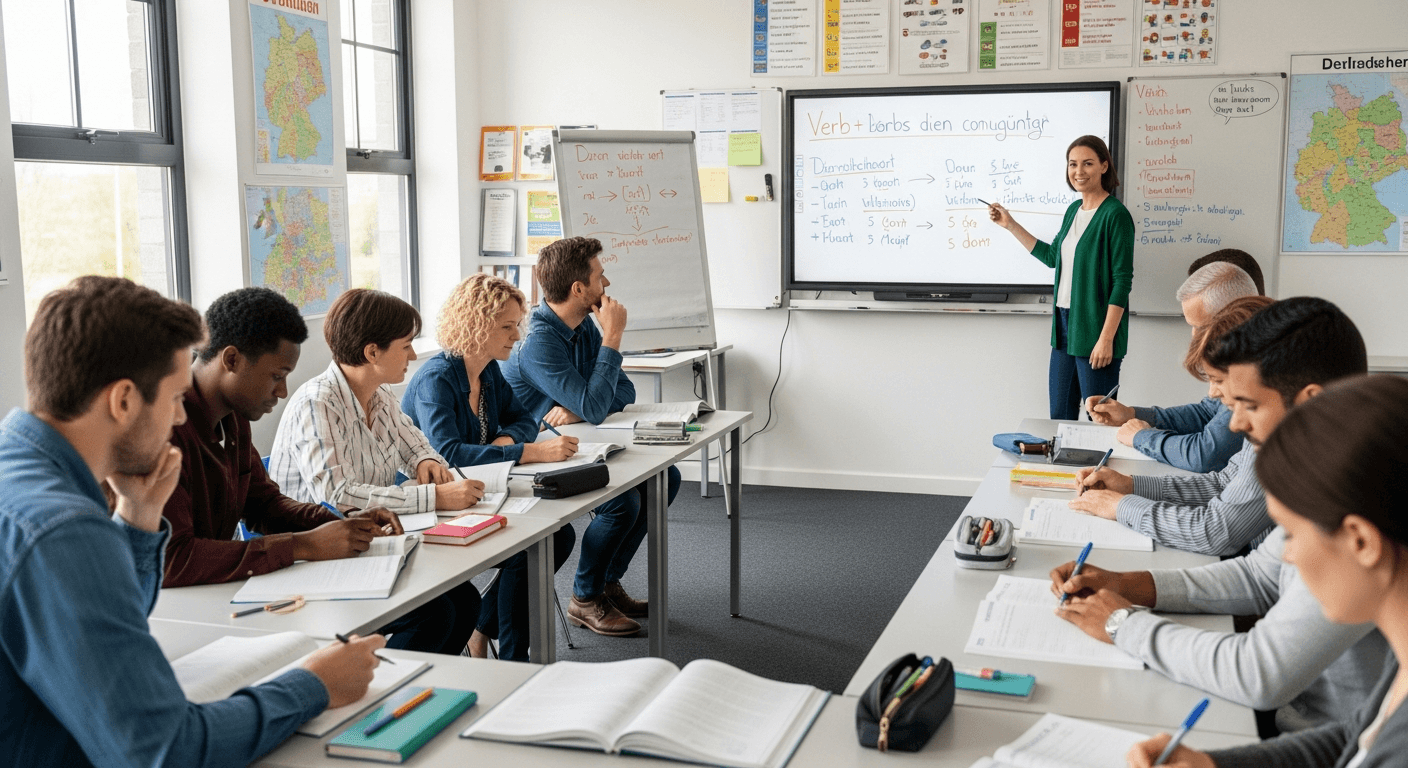 Deutschkurs mit vielfältigen Teilnehmern, fokussiertes Lernen im Klassenzimmer