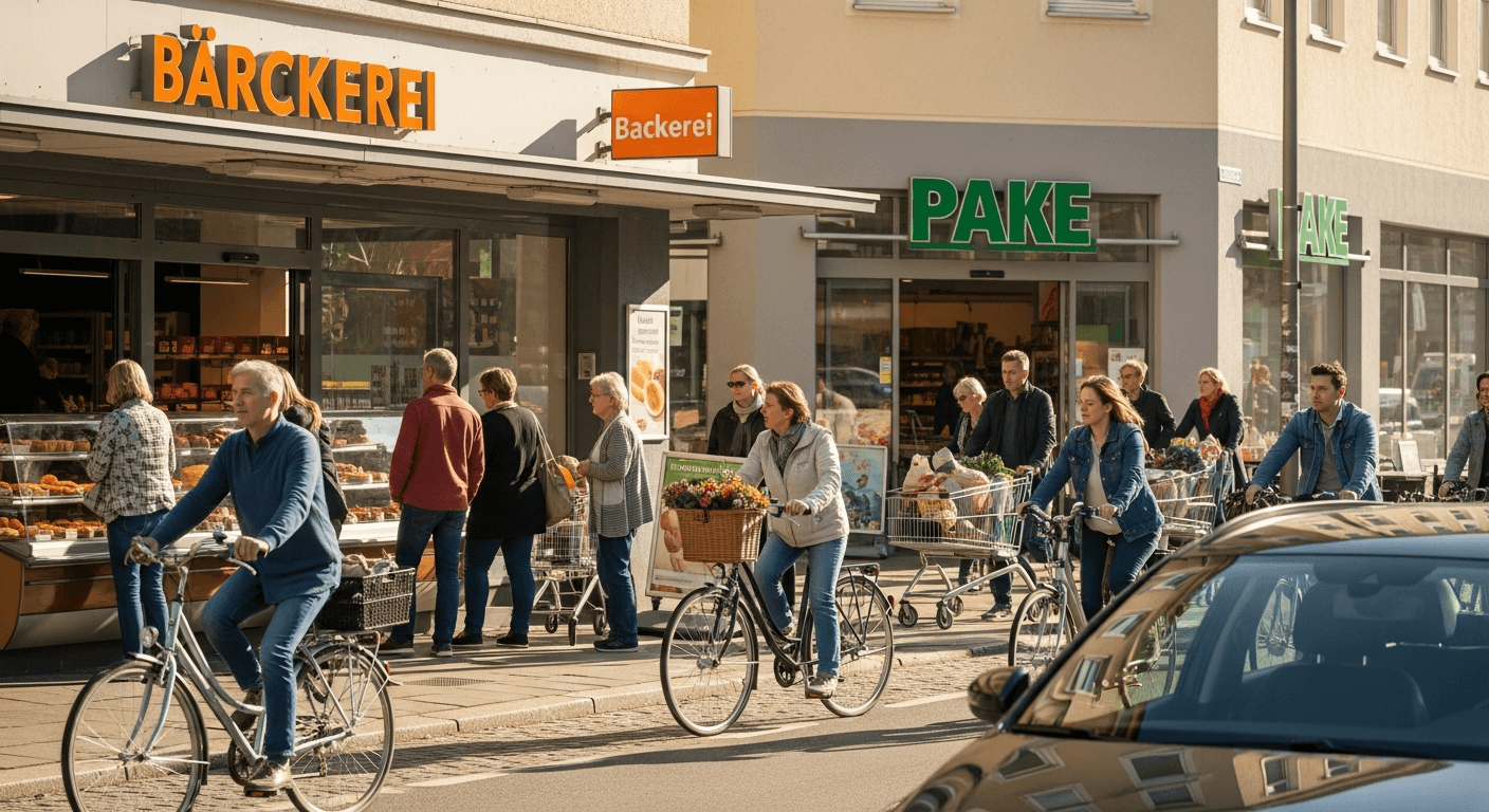 Deutsches Alltagsleben: Bäckerei, Fahrradfahrer, Supermarkt in einer deutschen Stadt