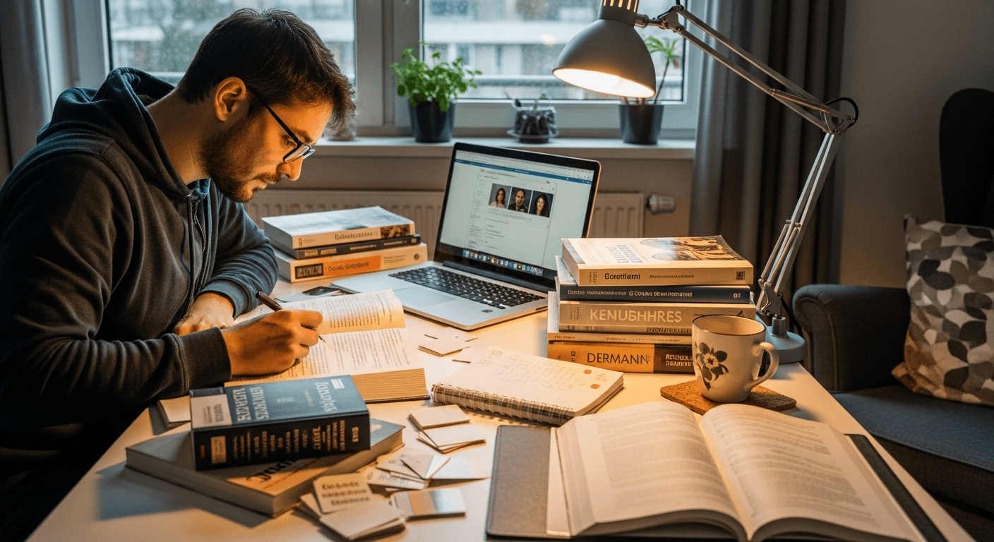 Person bereitet sich mit Büchern auf den Einbürgerungstest in Deutschland vor