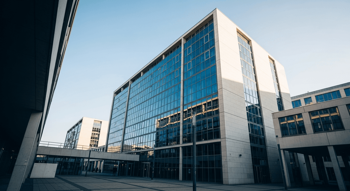 Glass facade of a modern immigration office building in Berlin