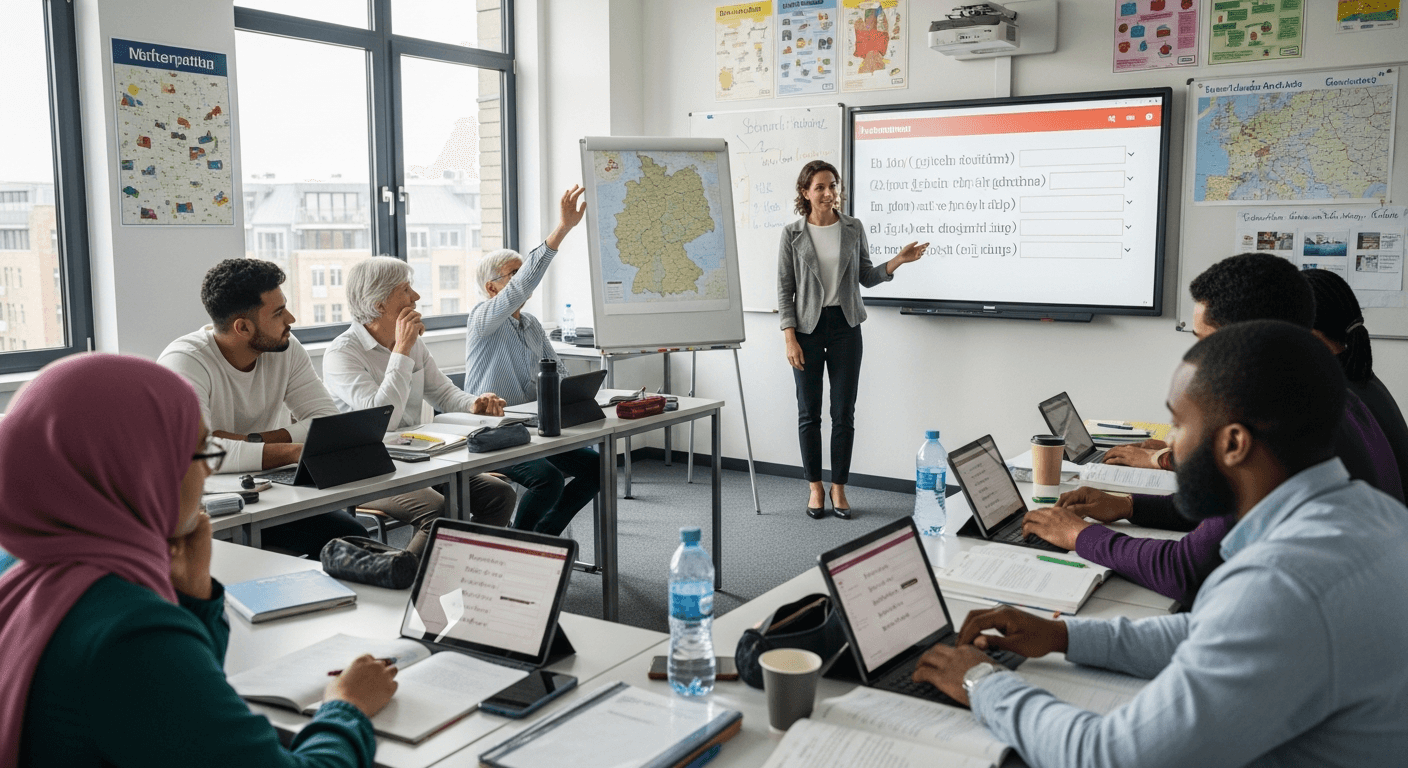 Deutschkurs mit vielfältigen Teilnehmern, fokussiertes Lernen im Klassenzimmer